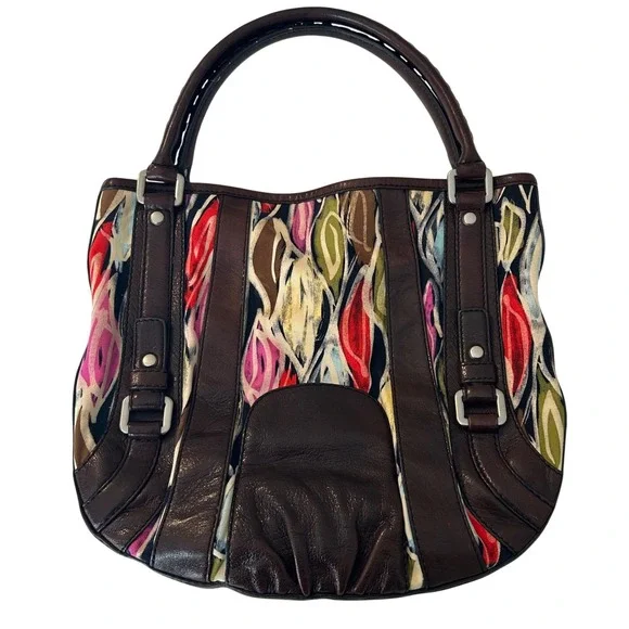 Vintage Fossil Fifty Four Brown Italian Leather & Tapestry Bag Artisan Boho - Picture 2 of 7